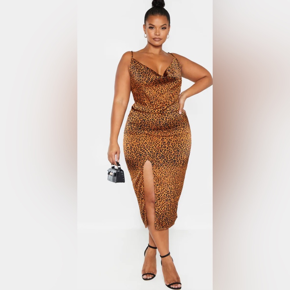 PRETTY LITTLE THING SATIN CHEETAH PRINT COWL NECK DRESS WITH SPLIT SZ 16us/20uk